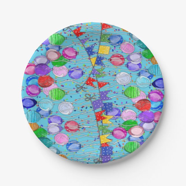 Celebration Balloons and Banners Paper Plate (Front)