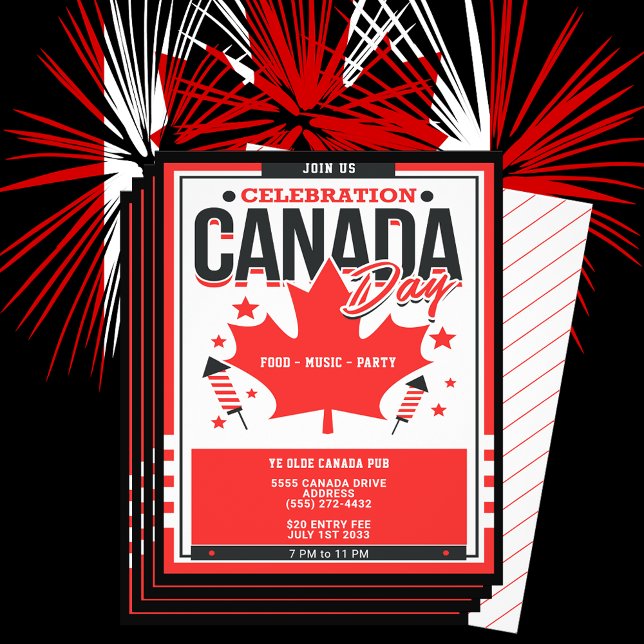 Celebration Canada Day July 1st Party Invitation Flyer (Canada Day (Dominion Day) is a federal statutory holiday. July 1, 1867, Canada's birthday. )
