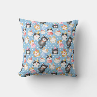 Celebration Cats on Blue Polka Dots Cushion
