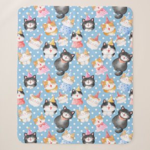 Celebration Cats on Blue Polka Dots Sherpa Blanket