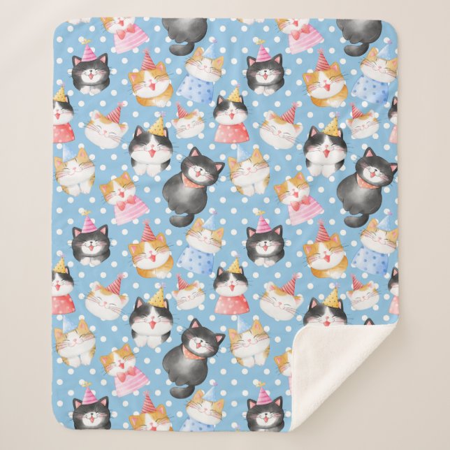 Celebration Cats on Blue Polka Dots Sherpa Blanket (Front)