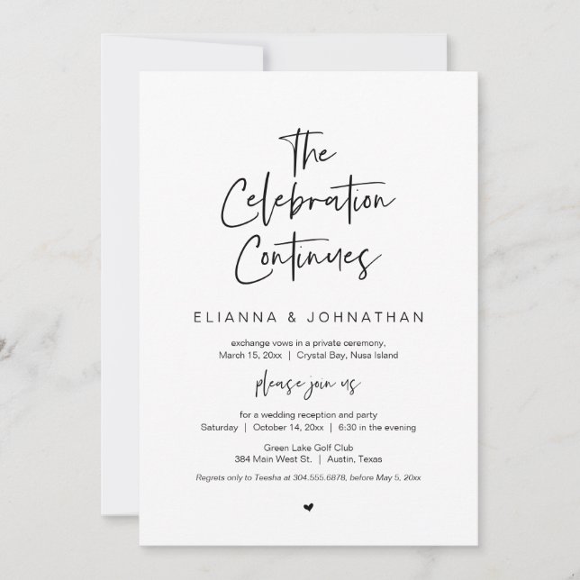 Celebration continues, Black, Wedding Elopement Invitation (Front)