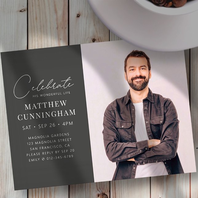 Celebration His Wonderful Life Modern Simple Photo Invitation Postcard (Creator Uploaded)