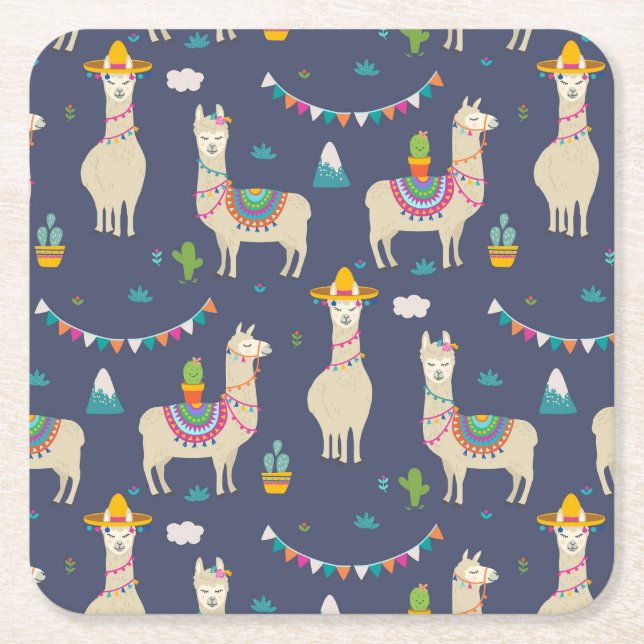 Celebration Llama Pattern Square Paper Coaster (Front)