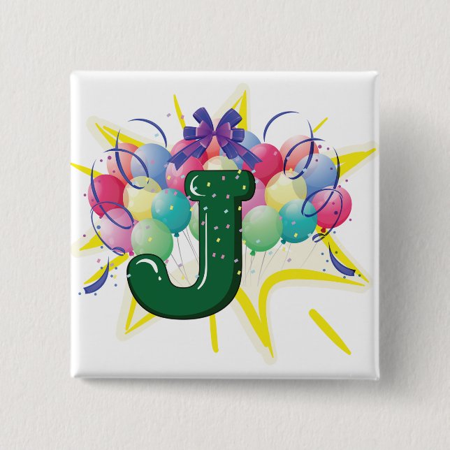 Celebration Monogram Letter J with Balloons 15 Cm Square Badge (Front)