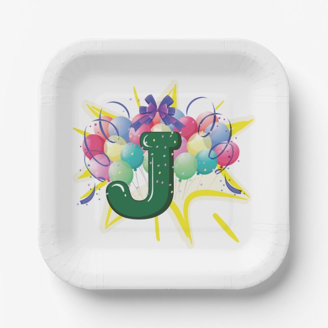 Celebration Monogram Letter J with Balloons Paper Plate (Front)