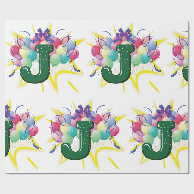 Celebration Monogram Letter J with Balloons Wrapping Paper (Flat)
