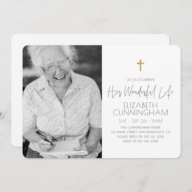 Celebration of Her Life Memorial Cross Photo Invitation (Front/Back)