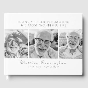 Celebration of His Life Modern Simple Three Photos Guest Book
