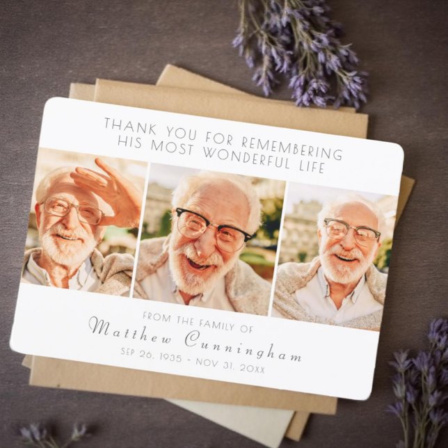 Celebration of His Life Modern Simple Three Photos Thank You Card (Creator Uploaded)