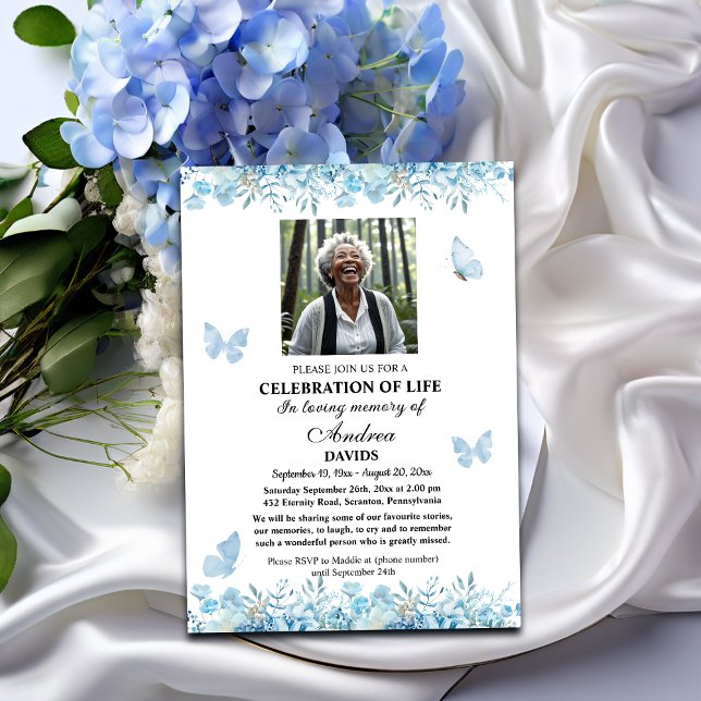 Celebration Of Life 1 Photo Funeral Blue Floral Invitation (Creator Uploaded)
