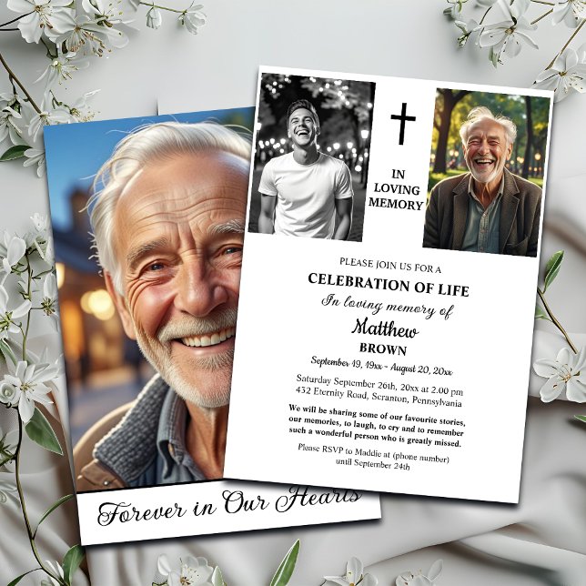 Celebration Of Life 3 Photos Funeral White Invitation (Creator Uploaded)