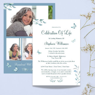 Celebration of Life 4 Photo Butterfly Funeral Invitation
