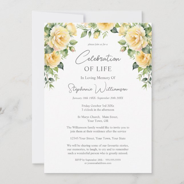 Celebration of Life 4 Photo Yellow Rose Funeral  Invitation (Front)