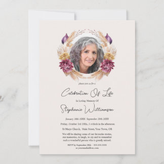 Celebration of Life 5 Photo Autumn Floral Funeral Invitation