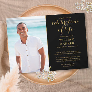 Celebration of Life Black And Gold Funeral Photo Invitation