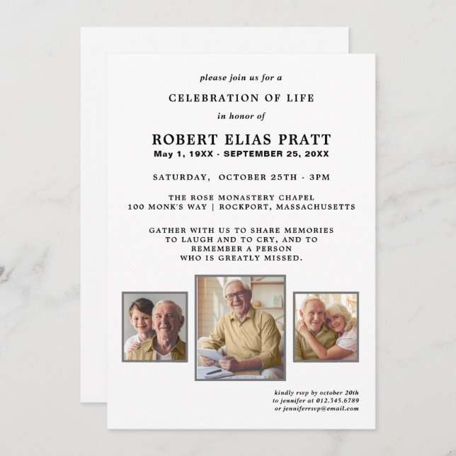 Celebration of Life Black White 3 Photo Invitation (Front/Back)