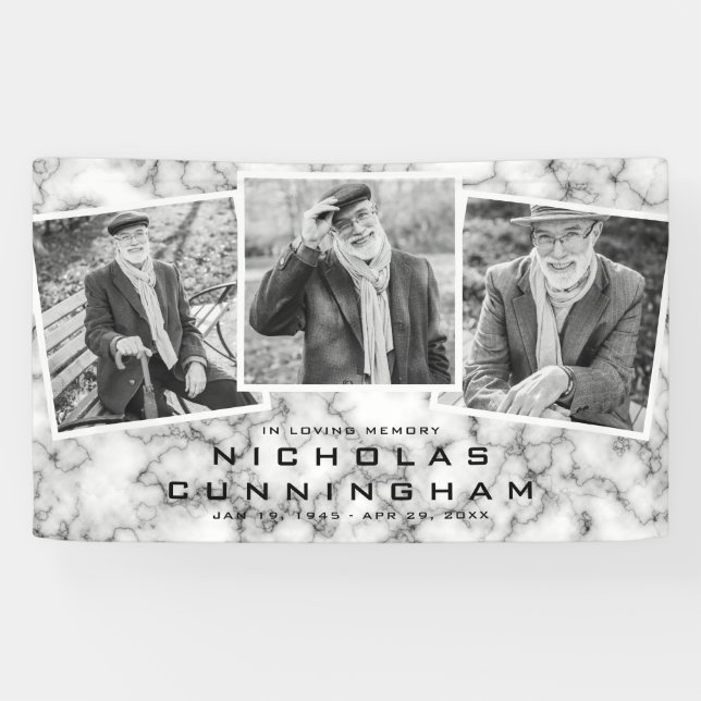 Celebration of Life Black White Marble Three Photo Banner (Horizontal)