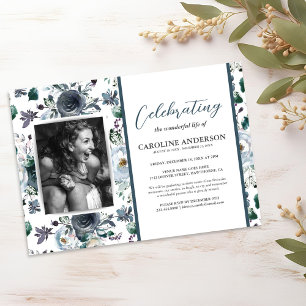 Celebration of Life Blue Floral Photo Invitation