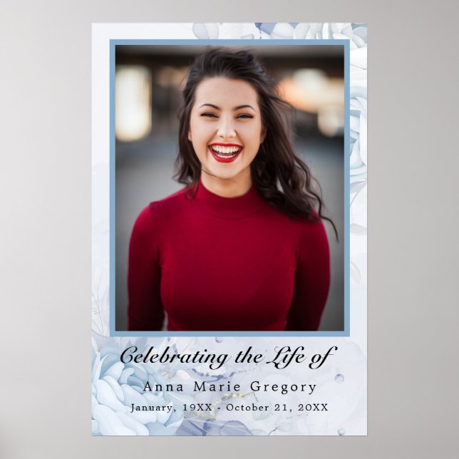 Celebration of Life Blue Photo Elegant Floral Poster (Front)