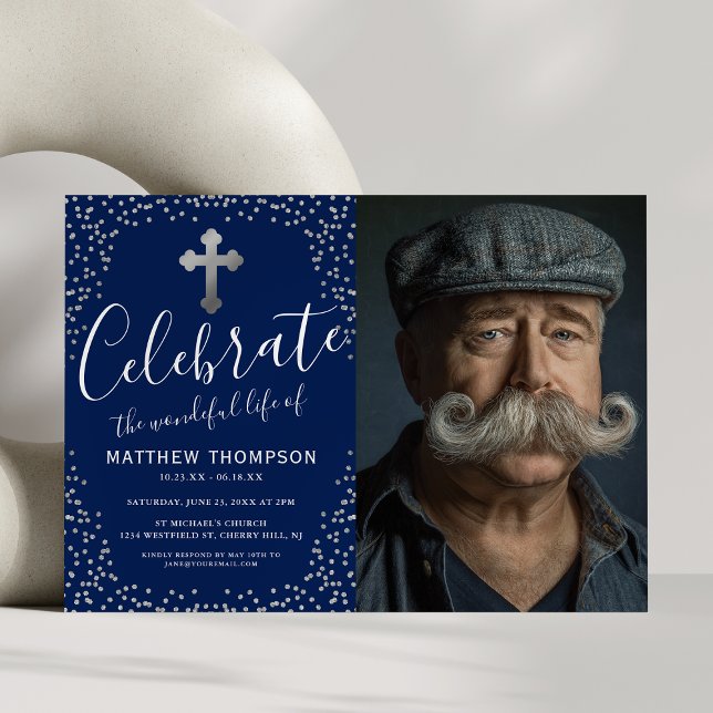 Celebration of Life Blue Silver Photo Invitation (Creator Uploaded)