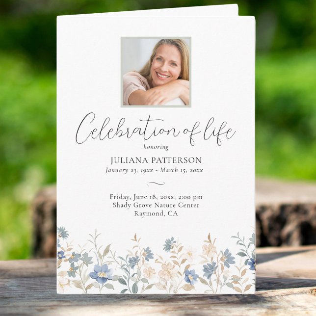 Celebration of Life Blue Wildflowers Funeral Photo Program (Creator Uploaded)