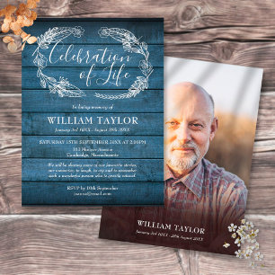 Celebration of Life Blue Wood Photo Invitation