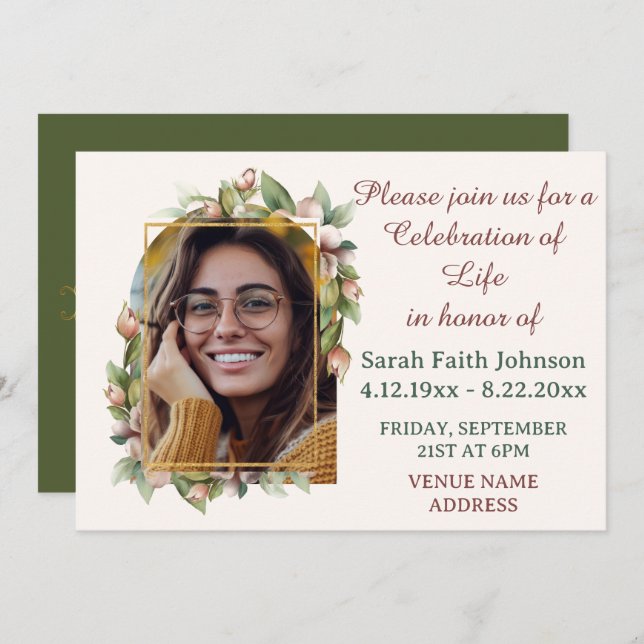 Celebration of Life Boho Floral Arch Photo Funeral Save The Date (Front/Back)