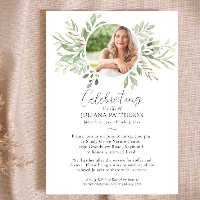Celebration of Life Botanical Greens Funeral Photo Invitation (Creator Uploaded)