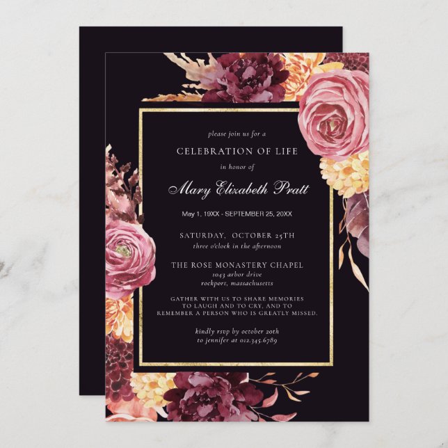 Celebration of Life Burgundy Dusty Pink Floral  Invitation (Front/Back)