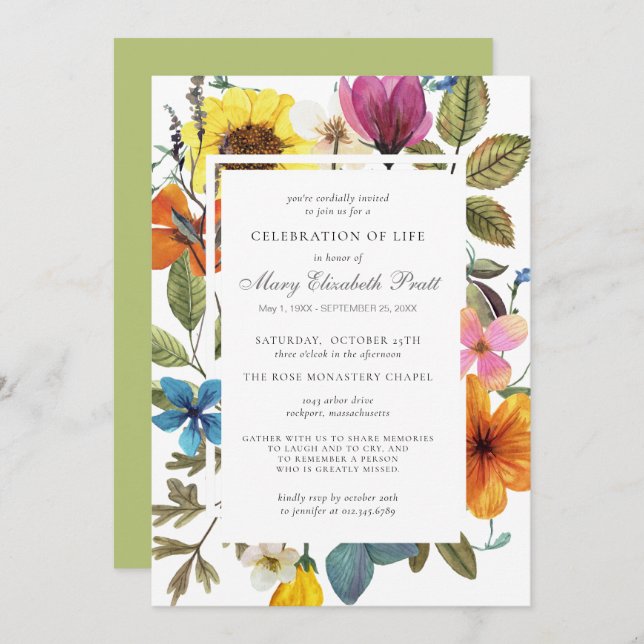 Celebration of Life Dusty Boho Summer Floral Invit Invitation (Front/Back)
