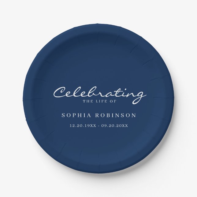 Celebration of Life Elegant Script Funeral Blue  Paper Plate (Front)