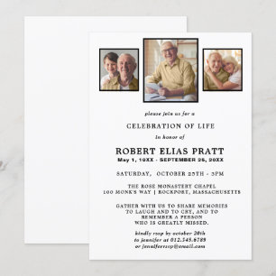 Celebration of Life Elegant White 3 Photo Invitation