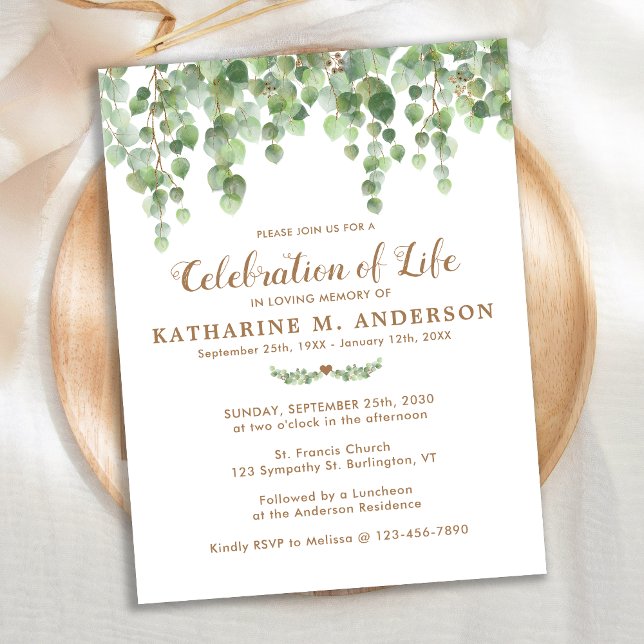 Celebration Of Life Eucalyptus Greenery Funeral Invitation Postcard (Creator Uploaded)