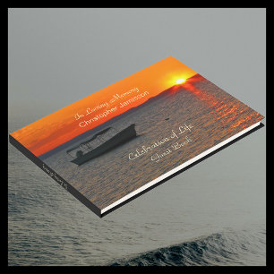 Celebration of Life Fishing Boat, Name, Orange Sky Guest Book
