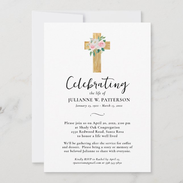 Celebration of Life, Floral Cross, Photo, Funeral  Invitation (Front)