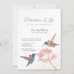 Celebration of Life Floral Hummingbirds Invitation<br><div class="desc">Celebration of life invitation featuring two beautiful watercolor hummingbirds decorating a pink flower illustration with gold string. Designed in a vibrant colour scheme featuring pink,  blue,  purple,  orange,  yellow,  and green.</div>