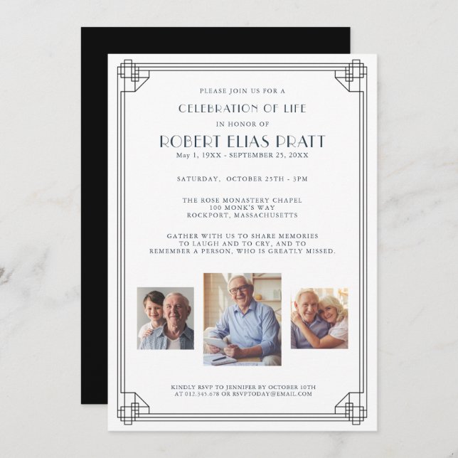 Celebration of Life Funeral Black White 3 Photo Invitation (Front/Back)