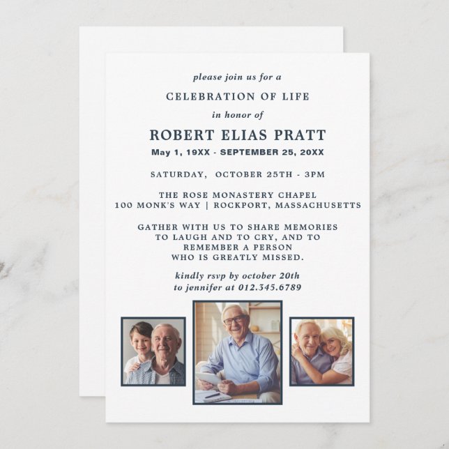 Celebration of Life Funeral Blue White 3 Photo Invitation (Front/Back)
