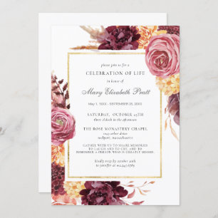 Celebration of Life Funeral Burgundy Pink Floral I Invitation