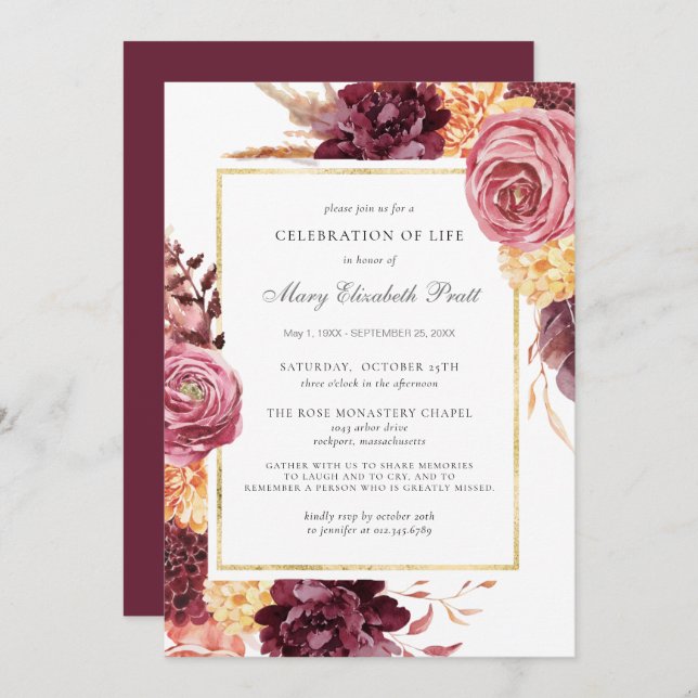Celebration of Life Funeral Burgundy Pink Floral I Invitation (Front/Back)
