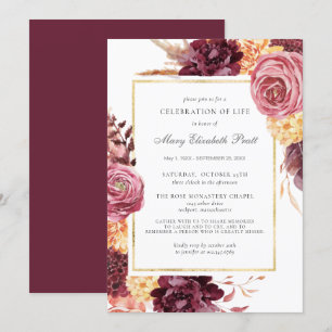 Celebration of Life Funeral Burgundy Pink Floral I Invitation