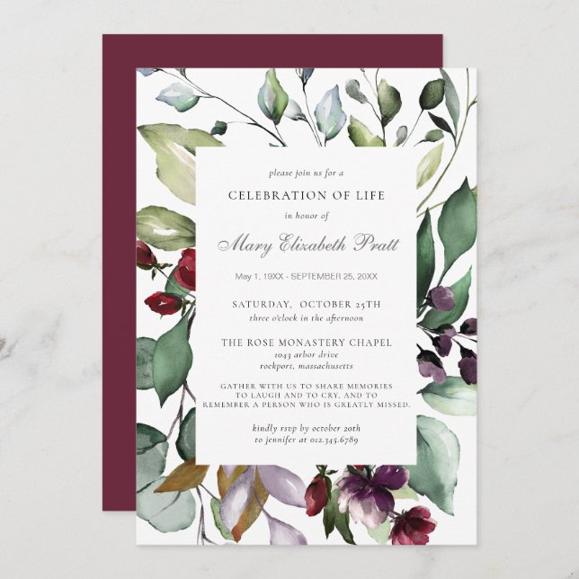 Celebration of Life Funeral Burgundy Red Botanical Invitation (Front/Back)