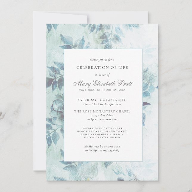 Celebration of Life Funeral Dusty Blue Floral Invitation (Front)