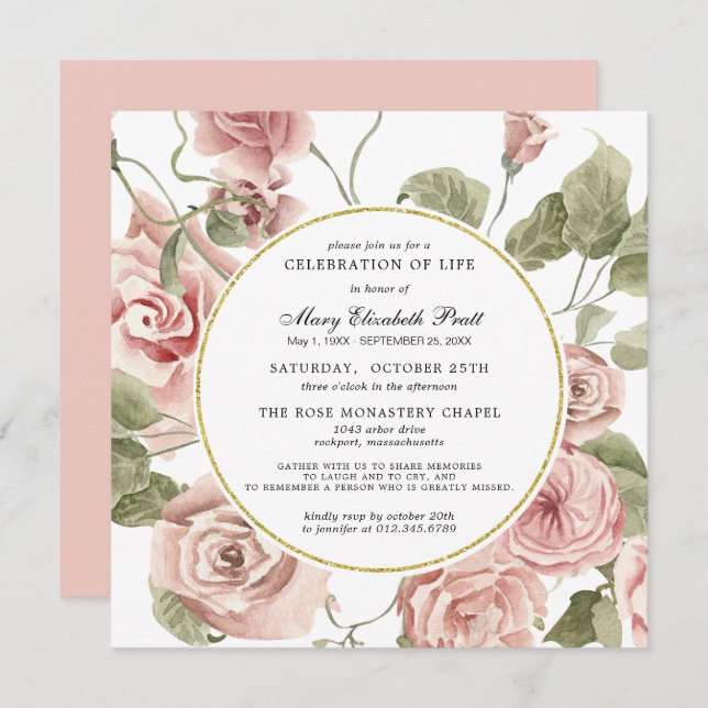 Celebration of Life Funeral Dusty Pink Rose Floral Invitation (Front/Back)