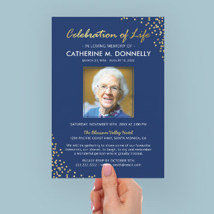 Celebration of Life Funeral Memorial Blue Gold Invitation