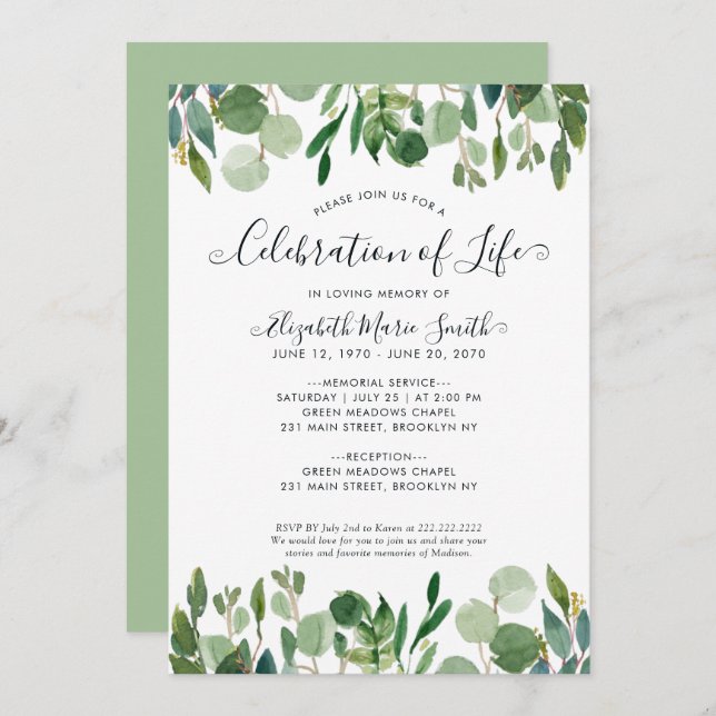 Celebration of Life Funeral Memorial Botanical Invitation (Front/Back)