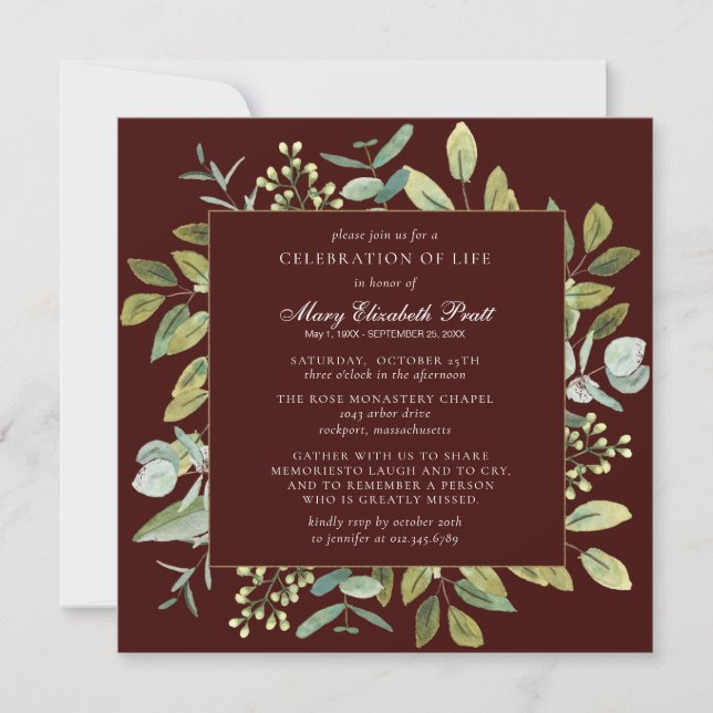 Celebration of Life Funeral Memorial Botanical Invitation (Front)