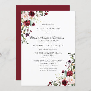 Celebration of Life Funeral Memorial Burgundy Rose Invitation