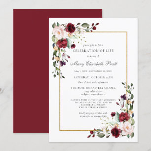 Celebration of Life Funeral Memorial Burgundy Rose Invitation